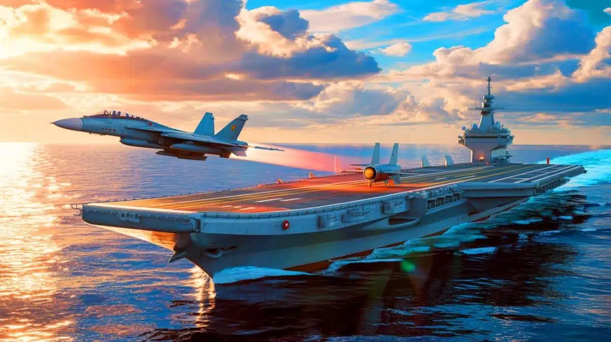 Illustration von Chinas Flugzeugträger Fujian mit Katapultstartsystem.