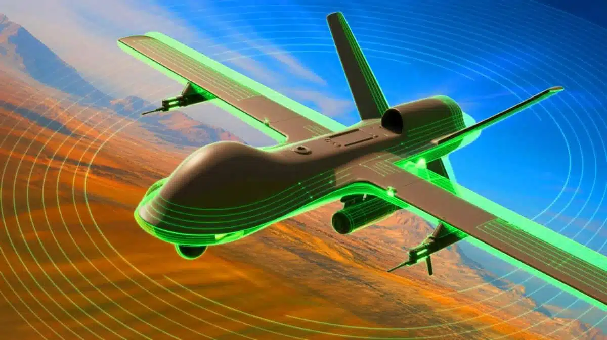 Illustration of a Chinese drone equipped with an advanced invisibility cloak technology.