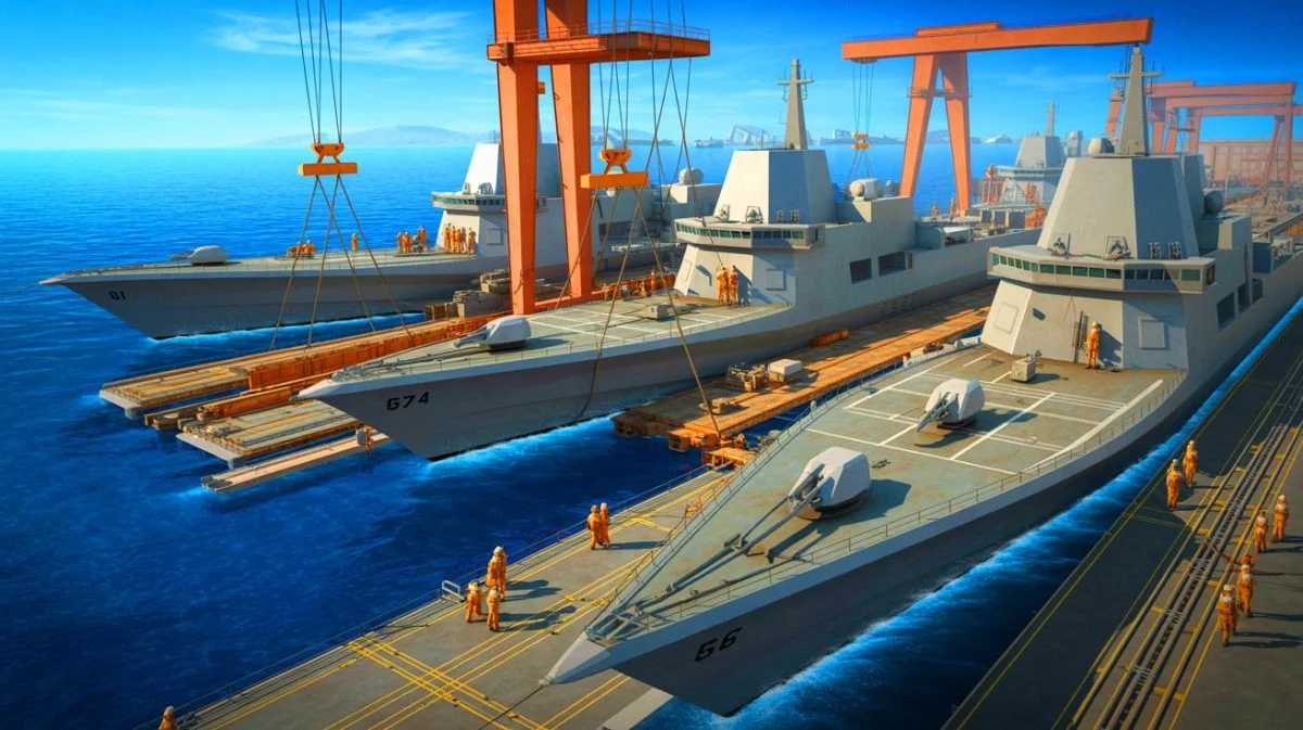 Illustration de la course des États-Unis pour revitaliser leur flotte navale face à la montée en puissance de la Chine.