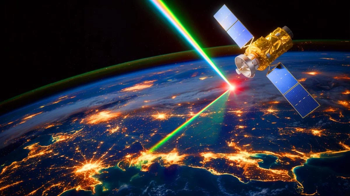 Illustration de la transmission de données par laser depuis l'espace grâce à une technologie chinoise révolutionnaire.