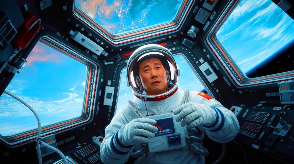 Illustration of Chinese astronauts experiencing mysterious sounds in space.