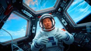 Illustration of Chinese astronauts experiencing mysterious sounds in space.