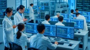 Illustration of Chinese researchers demonstrating large language models mimicking human cognitive processes.