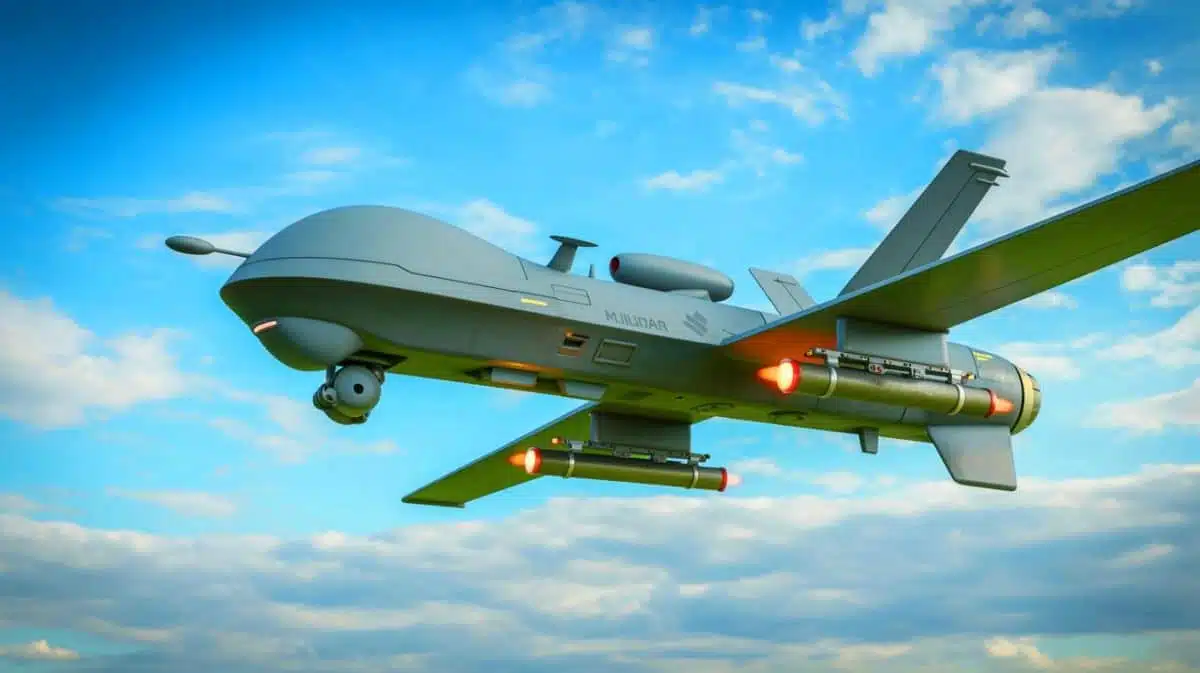 Illustration of drones equipped with rocket boosters for evasive maneuvering against missile attacks.