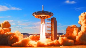 Illustration de SpinLaunch utilisant son canon centrifuge pour lancer des satellites en orbite basse.