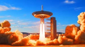 Illustration de SpinLaunch utilisant son canon centrifuge pour lancer des satellites en orbite basse.