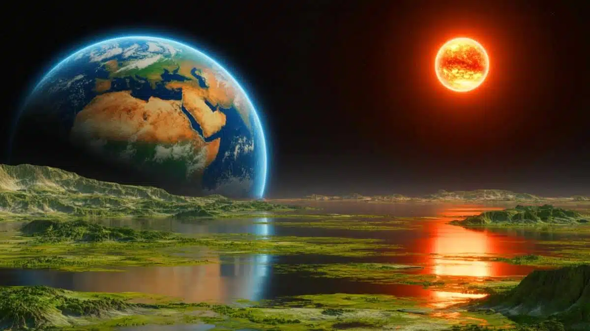 Illustration de la découverte de la super-Terre L 98-59 f dans la zone habitable d'une étoile naine rouge.