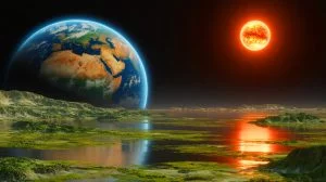 Illustration de la découverte de la super-Terre L 98-59 f dans la zone habitable d'une étoile naine rouge.