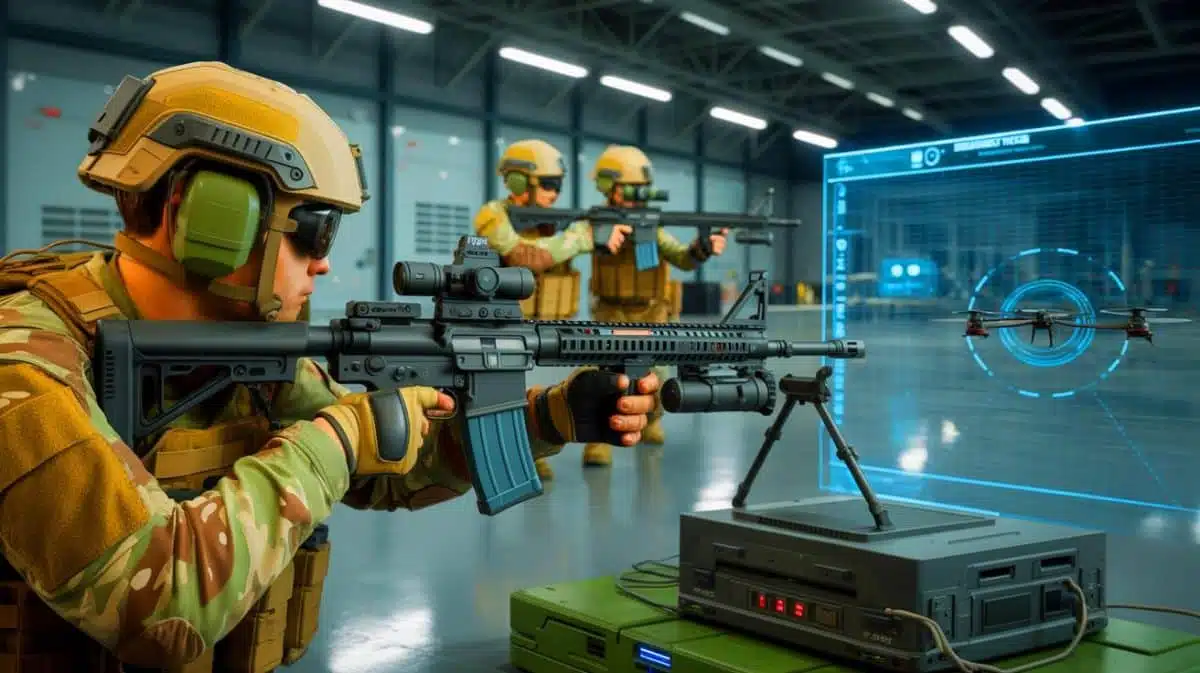 Illustration de la formation militaire avec un simulateur anti-drones développé par des étudiants russes.