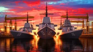 Illustration of the strategic efforts to expand the U.S. Navy fleet amidst rising global naval competition.