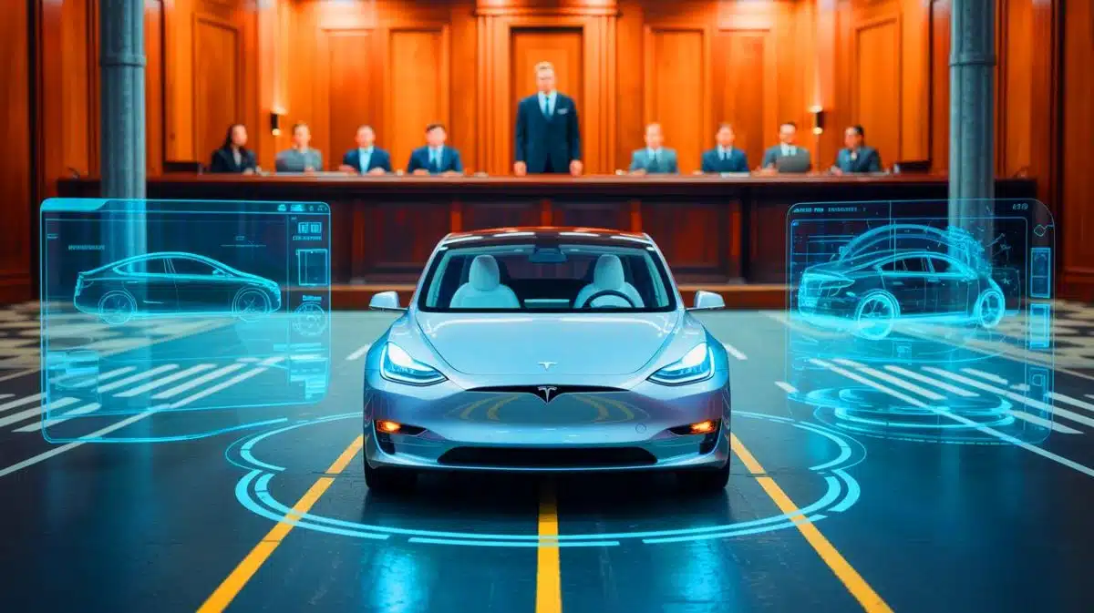 Illustration de l'impact des défis juridiques et réglementaires sur Tesla face aux promesses non tenues de conduite autonome.