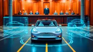 Illustration de l'impact des défis juridiques et réglementaires sur Tesla face aux promesses non tenues de conduite autonome.