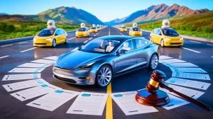 Illustration of Tesla facing legal challenges over autonomous driving promises.