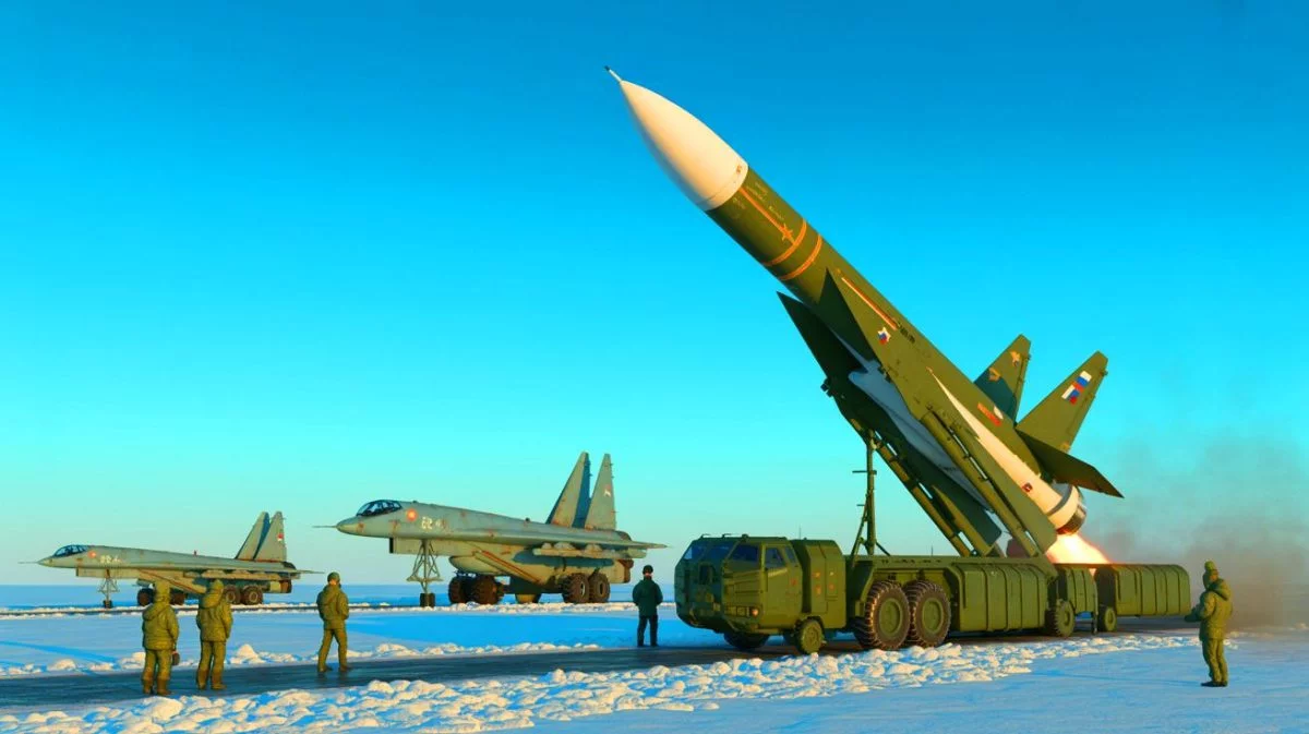Illustration of Russia's military buildup on Novaya Zemlya for potential Burevestnik missile testing.