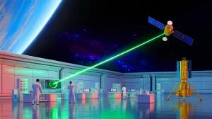Illustration de l'utilisation innovante d'un laser par des chercheurs chinois pour révolutionner la transmission de données spatiales.