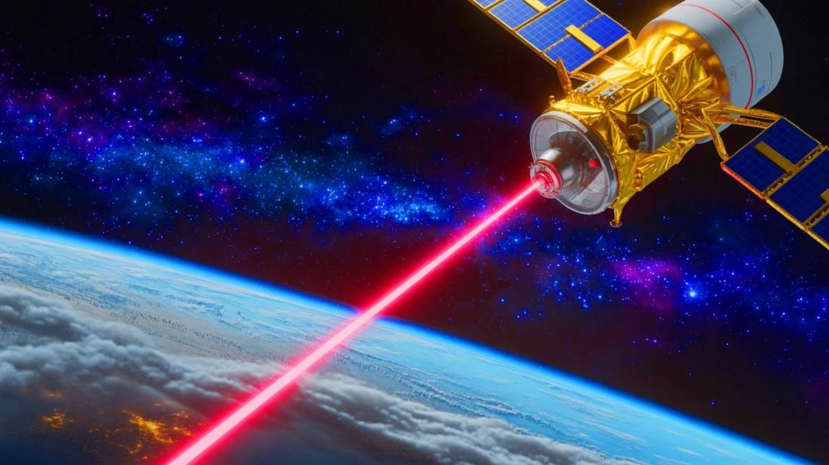 Illustration de la transmission de données par laser depuis l'espace grâce à une technologie innovante.