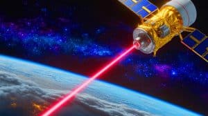 Illustration de la transmission de données par laser depuis l'espace grâce à une technologie innovante.