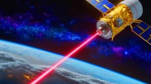 Illustration de la transmission de données par laser depuis l'espace grâce à une technologie innovante.