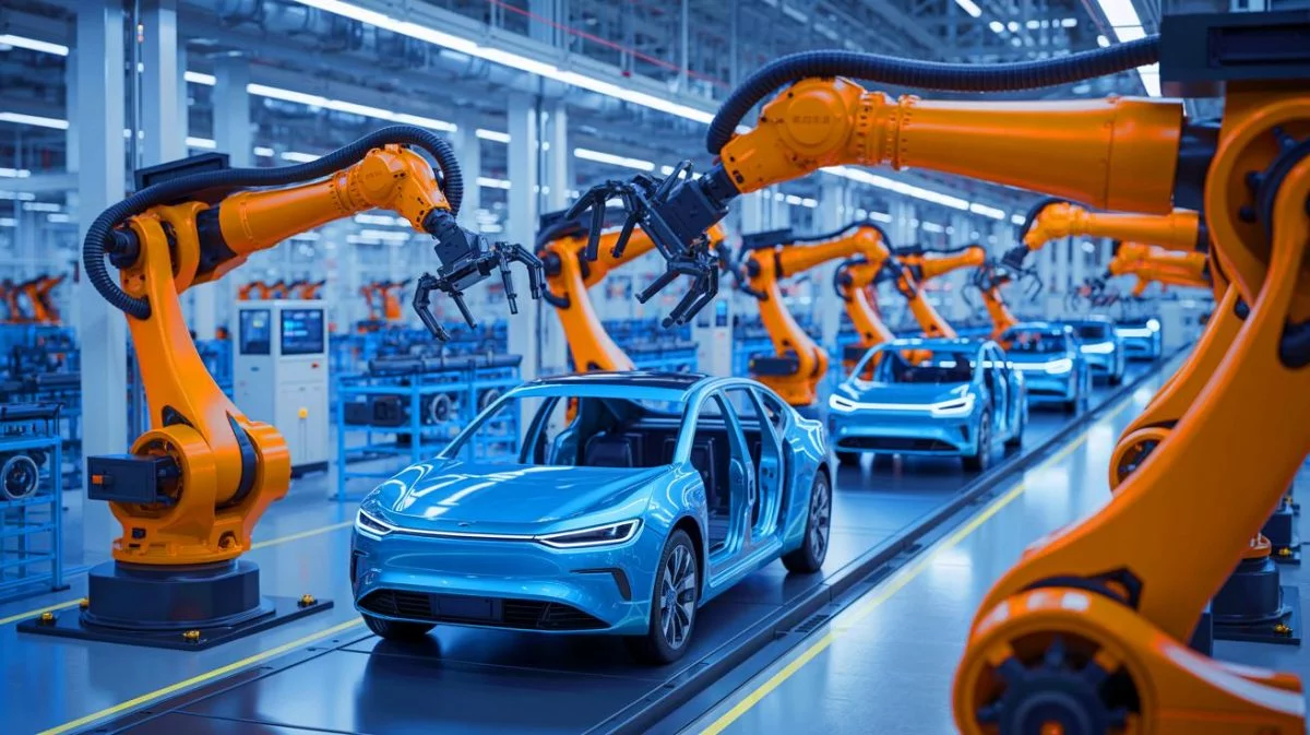 Illustration de bras robotiques travaillant sur la chaîne de montage de véhicules à énergie nouvelle dans une usine intelligente en Chine.