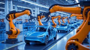 Illustration de bras robotiques travaillant sur la chaîne de montage de véhicules à énergie nouvelle dans une usine intelligente en Chine.