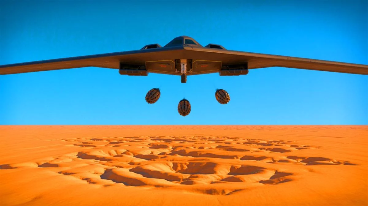 Illustration de la démonstration de précision du bombardier B-2 avec une frappe en forme de visage souriant.