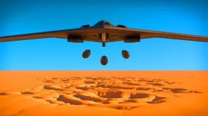 Illustration de la démonstration de précision du bombardier B-2 avec une frappe en forme de visage souriant.