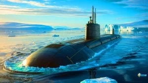 Illustration of submarines equipped with nuclear reactors traversing the Northern Sea Route for LNG transport.