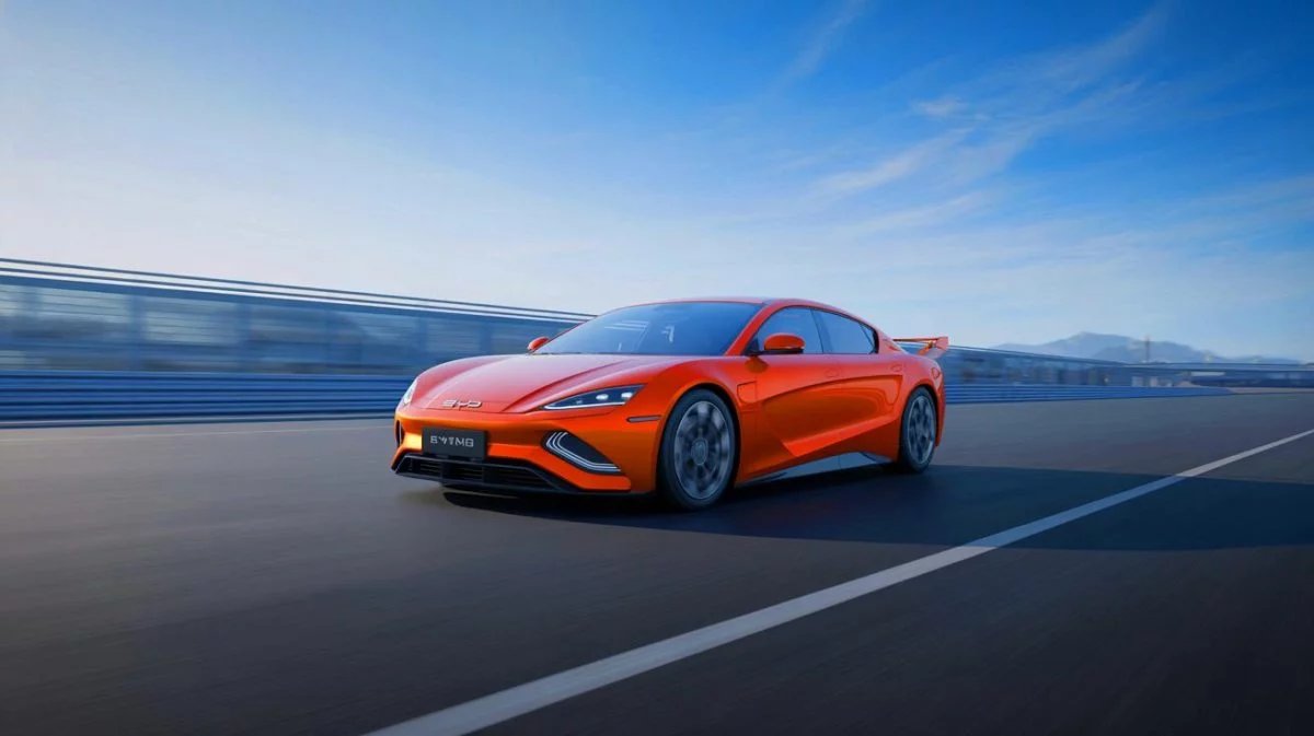 Illustration of BYD's Yangwang U9 breaking speed records on a closed track.