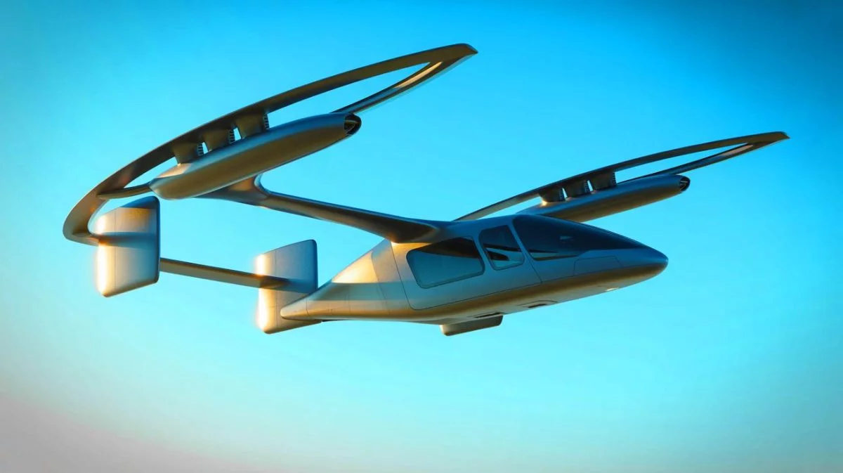 Illustration of Vertical Aerospace's VX-4 eVTOL completing a historic airport-to-airport flight.