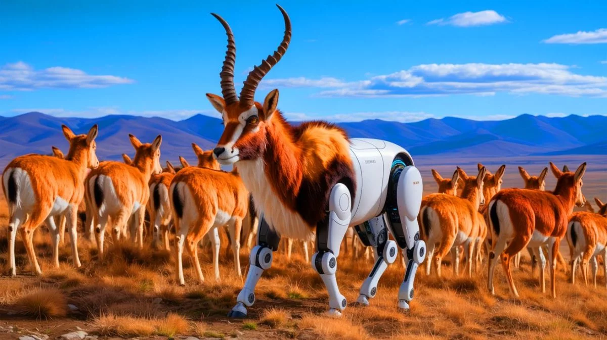 Illustration of a lifelike robotic Tibetan antelope in Hoh Xil capturing ecological data.