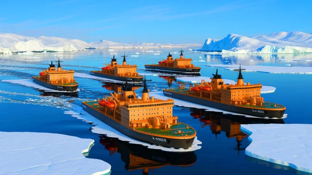 Illustration of Chinese icebreakers navigating Arctic waters near Alaska.