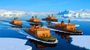 Illustration of Chinese icebreakers navigating Arctic waters near Alaska.
