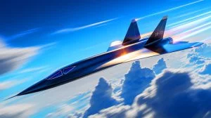 Illustration of the potential hypersonic SR-72 aircraft soaring through the sky.