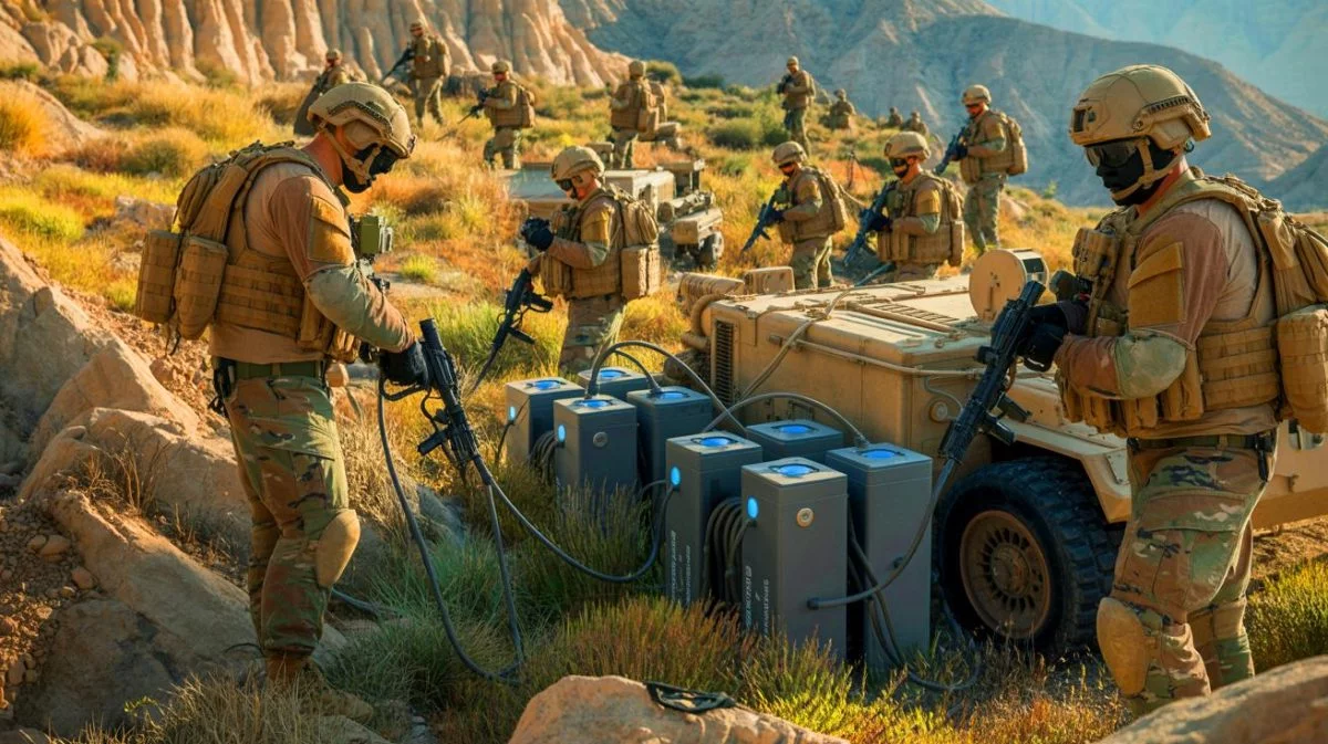 Illustration of U.S. Marines using hydrogen fuel cells in field operations.