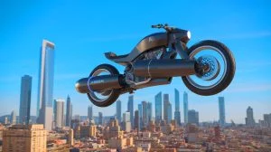 Illustration of the Airbike, a futuristic flying motorbike introduced by Polish startup Volonaut.