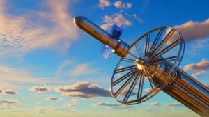 Illustration of SpinLaunch's centrifugal launch system revolutionizing satellite deployment.