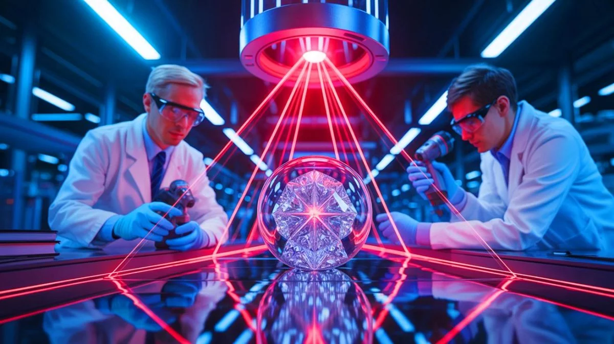 Illustration of shock-induced amorphization observed in diamond capsules used in nuclear fusion experiments.