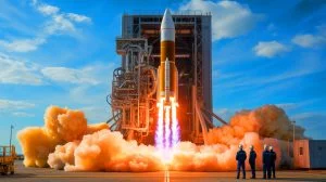Illustration of the Typhoon rocket engine undergoing tests at the German Aerospace Center.