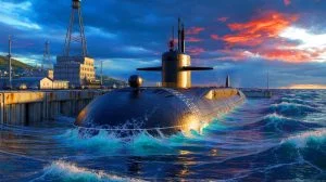 Illustration of Russian nuclear submarines docked at Avacha Bay near the epicenter of a recent 8.8-magnitude earthquake.