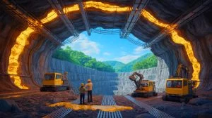 Illustration of the Wangu gold field discovery beneath the hills of Hunan Province, China.