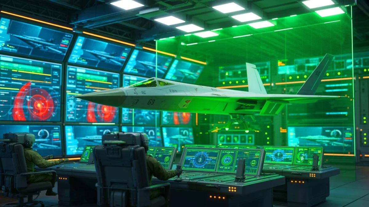 Illustration of China's advanced 6G electronic warfare system disrupting radar technologies.