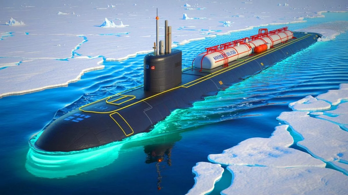 Illustration of nuclear-powered submarines transporting liquefied natural gas beneath Arctic ice.