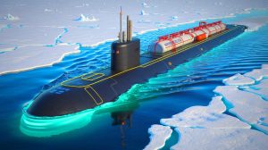 Illustration of nuclear-powered submarines transporting liquefied natural gas beneath Arctic ice.
