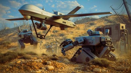 Illustration de l'opération militaire ukrainienne utilisant des robots et drones pour capturer des soldats russes.