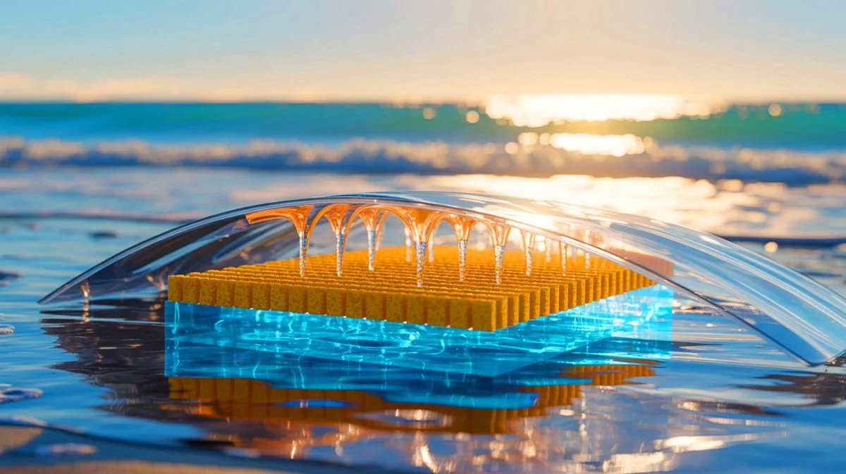 Illustration de la transformation de l'eau de mer en eau douce à l'aide d'un matériau aérogels innovant utilisant uniquement l'énergie solaire.
