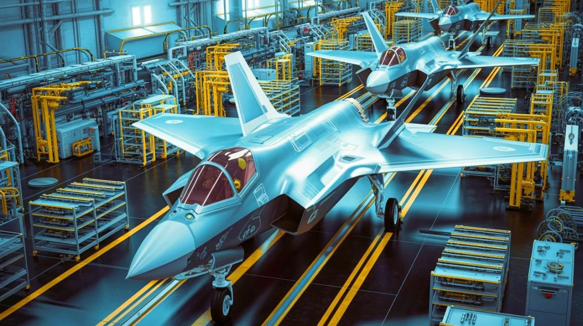 Illustration de la production accélérée des F-35 Lightning II grâce à des technologies automatisées avancées.