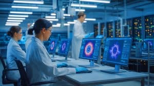 Illustration von Wissenschaftlern bei der Nutzung von Künstlicher Intelligenz und Supercomputern zur Optimierung der Fusionsforschung.