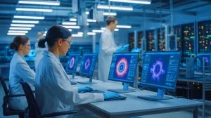 Illustration von Wissenschaftlern bei der Nutzung von Künstlicher Intelligenz und Supercomputern zur Optimierung der Fusionsforschung.