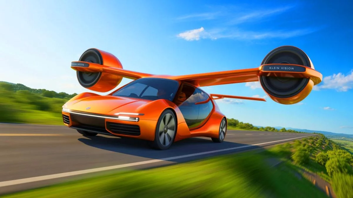 Illustration of Klein Vision's AirCar transitioning between road and air modes.