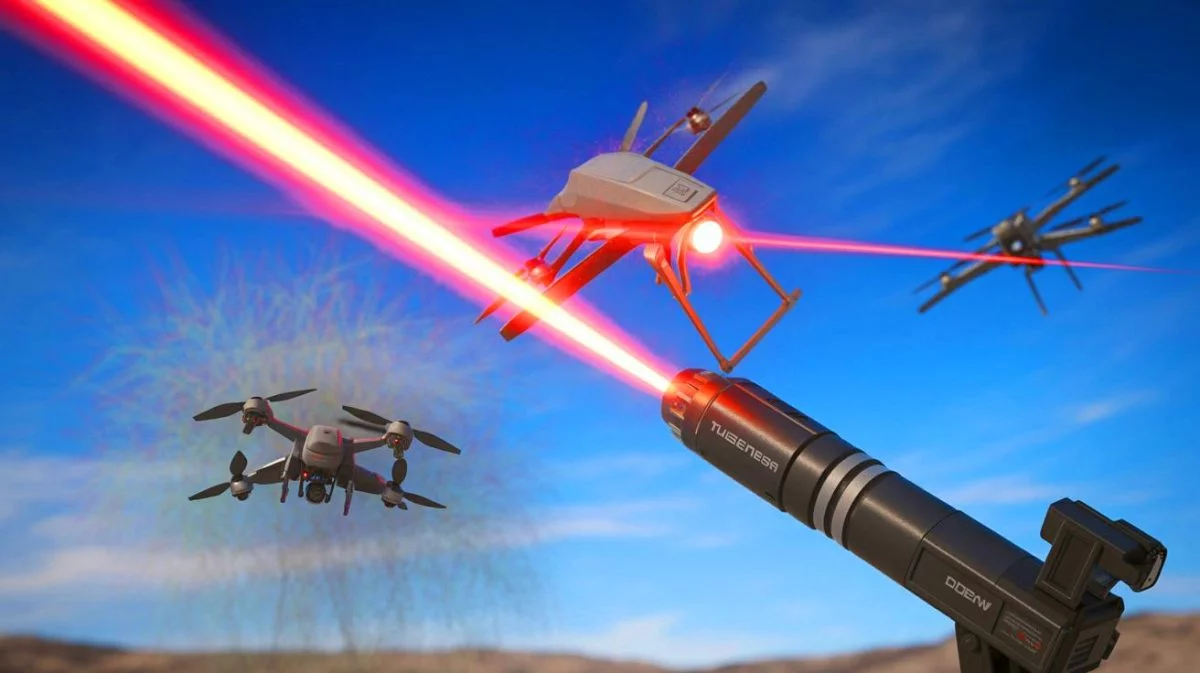 Illustration of high-energy laser weapons being used to destroy drone targets in combat.